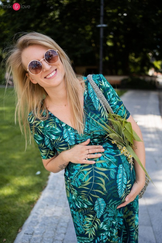 Sukienka do karmienia Two Ways LONG krótki rękaw Milk&Love miętowa w magnolie i ptaki