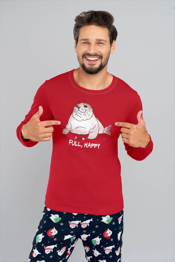 Elder Piżama Męska długi rękaw, długie spodnie Italian Fashion- czerwony/druk granatowy