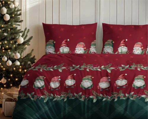 5618 B Magia Świąt Pościel flanelowa świąteczna Detexpol w skrzaty na bordowo-zielonym tle– bawełna 100%, 160 g/m², zamek, OEKO-TEX®
