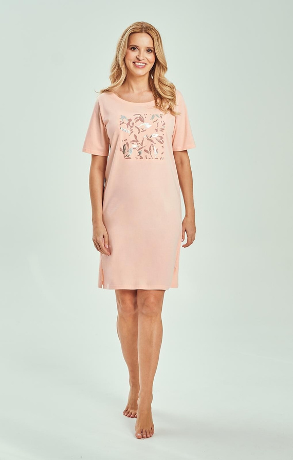 Koszula Nocna Damska 3554 Valentina Taro morelowa– 100% Bawełna, Nadruk, Krótki Rękaw, Komfortowa i Oddychająca