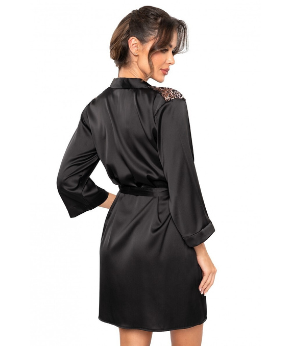 Szlafrok Sabrina Donna czarny– satynowy peniuar z koronką, wiązany w pasie