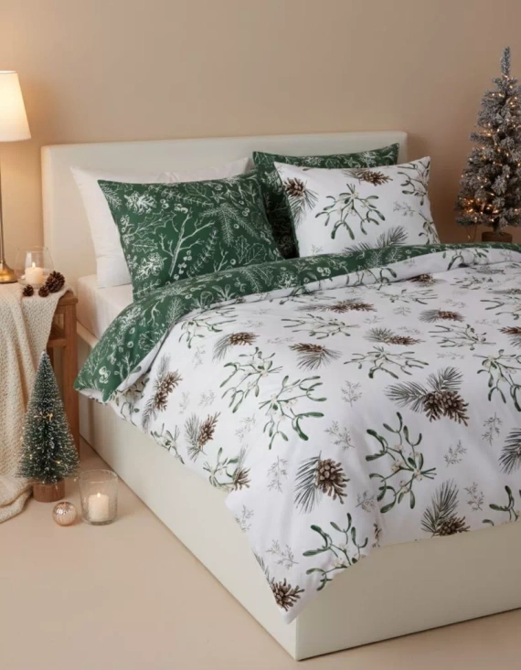Scandic 083 Pościel świąteczna Scandic Faro biała i zielona z szyszkami- dwustronna bawełna 100%, zamek