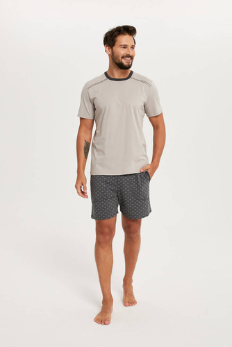 Abel Piżama Męska krótki rękaw, spodenki Italian Fashion - beżowy/druk