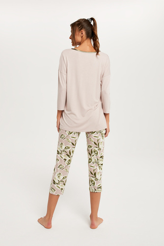 Indonezja Piżama Damska 3/4 rękaw, 3/4 spodnie Italian Fashion - beż/druk