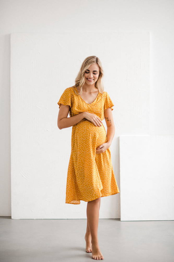 Lovely Dress Midi Milk&Love sukienka ciążowa i do karmienia musztardowy w groszki