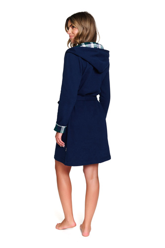 Doctor Nap 7365 – Damski szlafrok bawełniany z kapturem i kratką - navy blue