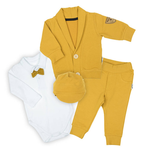 Komplet 169405 "Mix" czapka, bluza, body i spodnie Nicol - musztardowy
