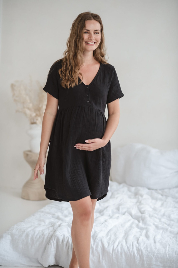 Aurora muślinowa koszula nocna ciążowa i do karmienia Milk&Love czarny