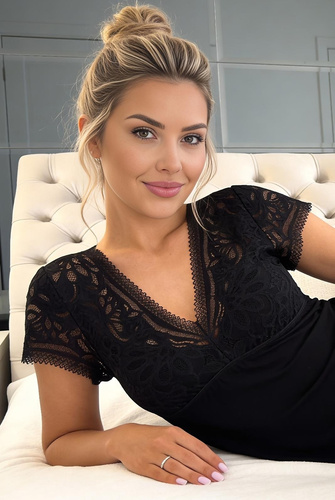 Koszula Nocna Elena Donna Wiskoza Koronka Elegancka Miękka V-Neck czarna