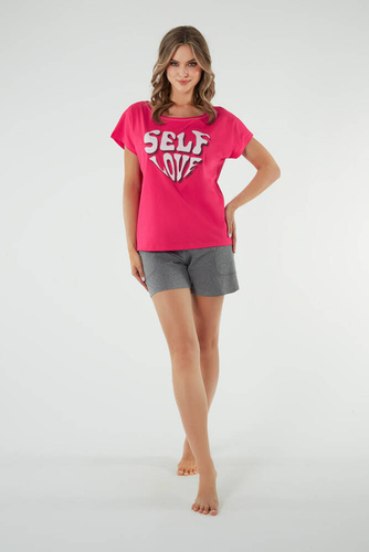 Selfie Piżama Damska krótki rękaw, spodenki Italian Fashion - amarant/melanż