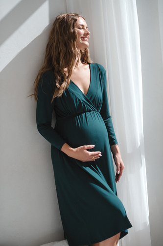 Star Light Koszula nocna ciążowa i do karmienia bambusowa 7/8 Milk&Love butelkowa zieleń– oddychająca, do szpitala, wygodne karmienie piersią