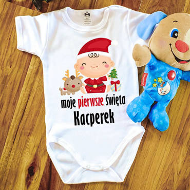 "Moje pierwsze Święta z imieniem" Moocha body krótki rękaw biały