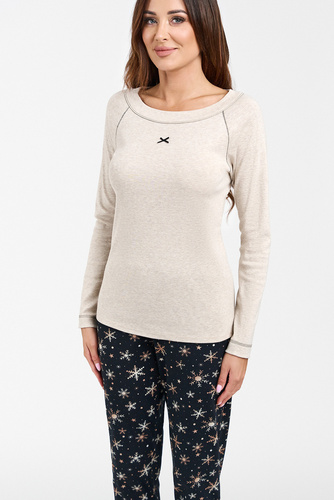 Denali Piżama Damska długi rękaw, długie spodnie Italian Fashion- beżowy melanż/druk