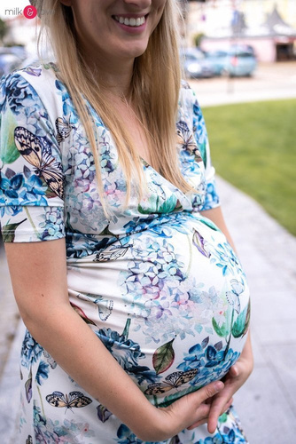 Sukienka do karmienia Two Ways LONG krótki rękaw Milk&Love miętowa w magnolie i ptaki