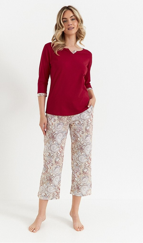 487 Piżama damska Cana czerwony rękaw 3/4 spodnie 7/8 bawełna