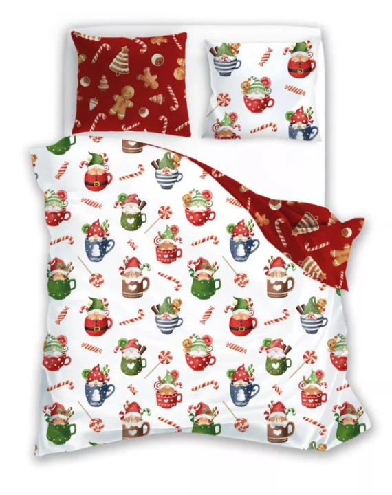 Scandic 062 Pościel świąteczna Scandic Faro biała czerwona skrzaty kubki – dwustronna bawełna 100%, zamek