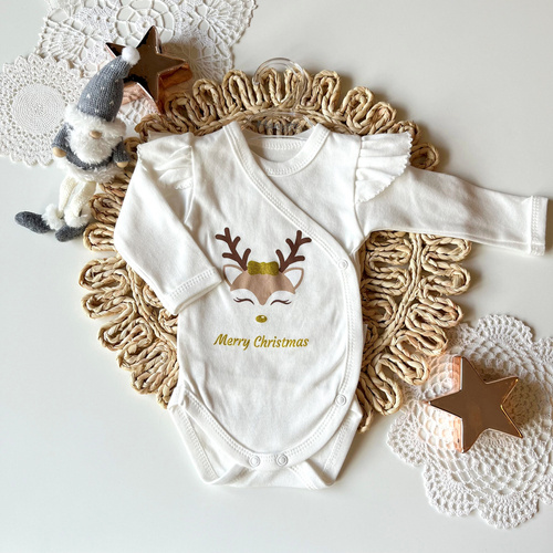 23BD03 Merry Christmas Mamatti Body kopertowe z długim rękawem - ecru