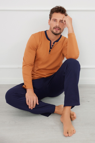 Juliusz Piżama Męska długi rękaw, długie spodnie Italian Fashion - koniak/granatowy