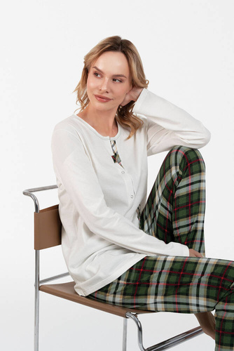 Asama Rozpinana Piżama Damska długi rękaw, długie spodnie Italian Fashion - ecru/druk