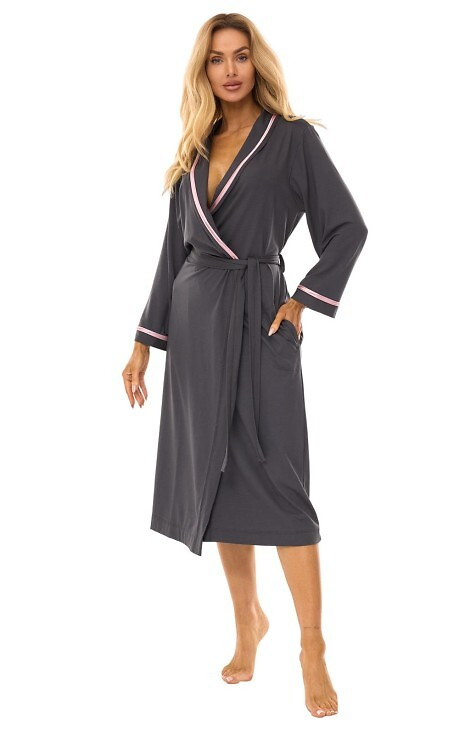 2506 Szlafrok damski długi z wiskozy L&L grafitowy – lekki, oddychający