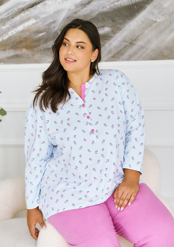 3462 Yolanda Piżama damska Taro błękitna – koszulka wiskozowa 7/8, bawełniane spodnie