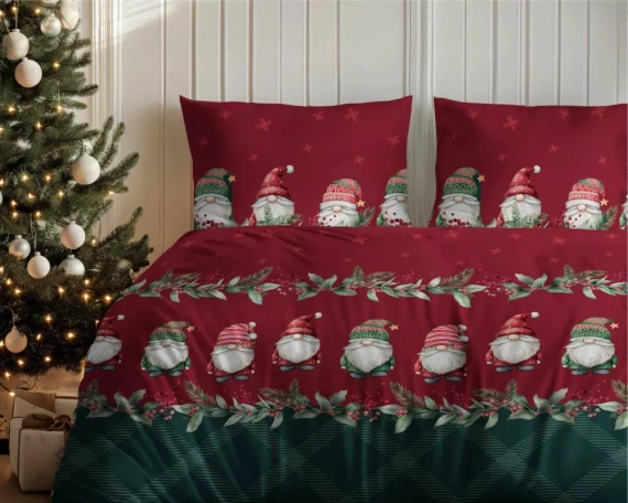 5618 B Magia Świąt Pościel flanelowa świąteczna Detexpol w skrzaty na bordowo-zielonym tle– bawełna 100%, 160 g/m², zamek, OEKO-TEX®