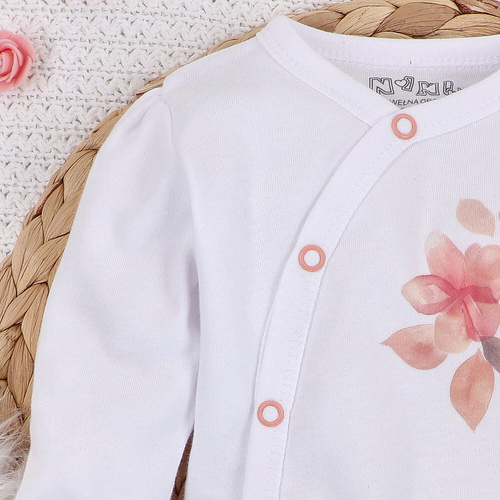ABN-5412 Kolorowe Kwiatki Body kopertowe z długim rękawem Nini biały