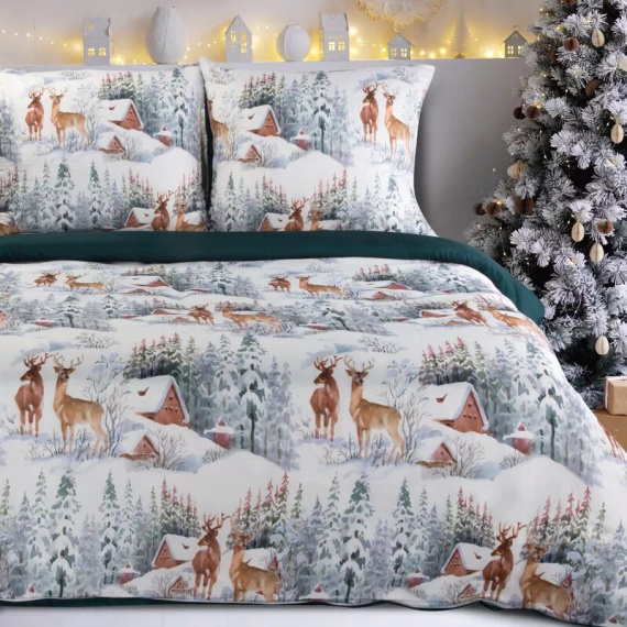 Fairyland Pościel świąteczna z mikrowłokna Eurofirany zielona krajobraz zimowy– miękka, lekka i łatwa w pielęgnacji, z zamkiem błyskawicznym