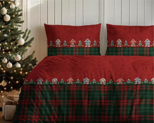 5619 B Magia Świąt Pościel flanelowa świąteczna Detexpol czerwona w domki i kratę– bawełna 100%, 160 g/m², zamek, OEKO-TEX®