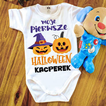 "Moje pierwsze HALLOWEEN z dowolnym imieniem" Moocha body krótki rękaw biały