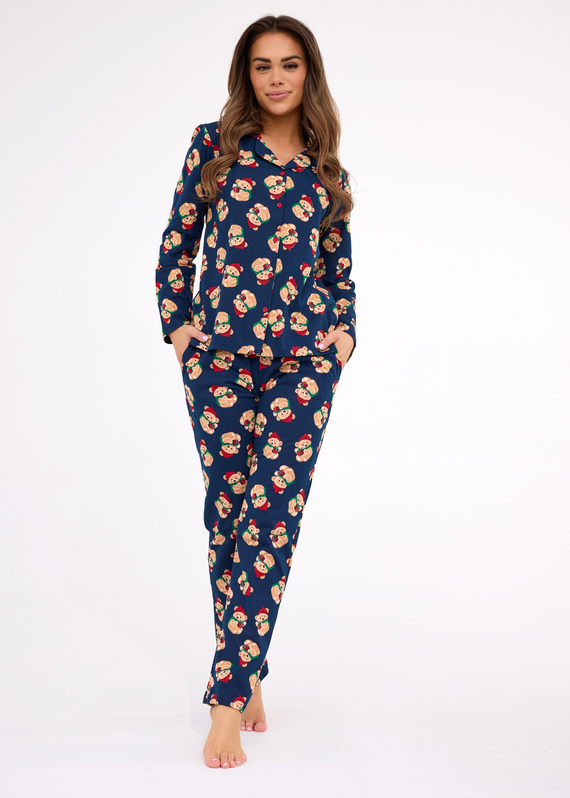 482/459 Teddy 5 Piżama damska Cornette – świąteczna, bawełna, granatowa, zapinana na guziki