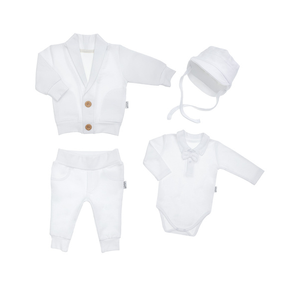 Komplet chrzcielny 169399 czapka, bluza, body i spodnie Nicol - biały