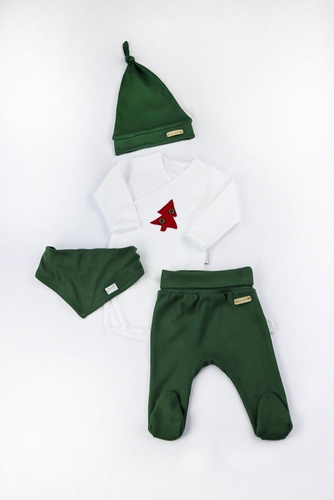 163040 Komplet czapka, body, apaszka i półśpioch "Magia Świąt" Nicol - zielony / choinka