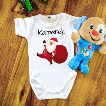 "Mikołaj z workiem + dowolne imię" Moocha body krótki rękaw biały