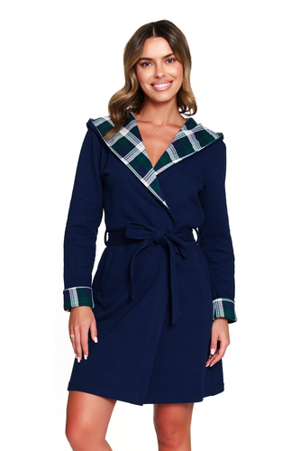 Doctor Nap 7365 – Damski szlafrok bawełniany z kapturem i kratką - navy blue