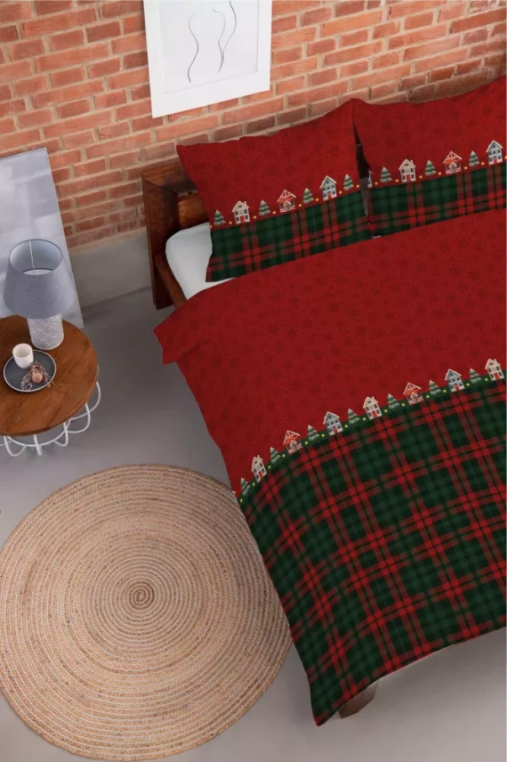 5619 A Magia Świąt Pościel flanelowa świąteczna Detexpol czerwona w domki i kratę– bawełna 100%, 160 g/m², zamek, OEKO-TEX®