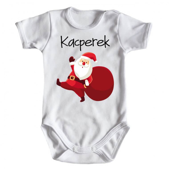 "Mikołaj z workiem + dowolne imię" Moocha body krótki rękaw biały