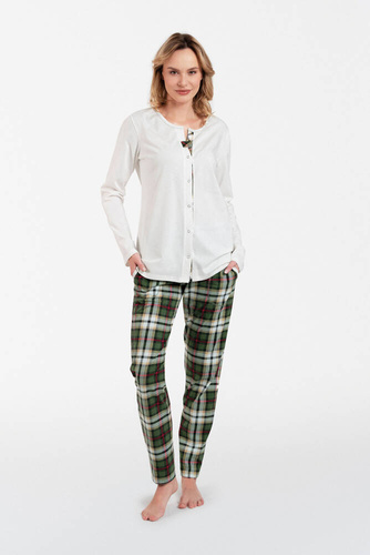 Asama Rozpinana Piżama Damska długi rękaw, długie spodnie Italian Fashion - ecru/druk