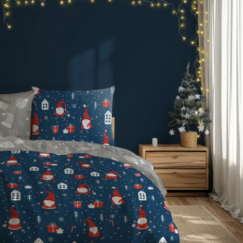 Scandic 081 Pościel świąteczna Scandic Faro granatowo-szara ze skrzatami– dwustronna bawełna 100%, zamek