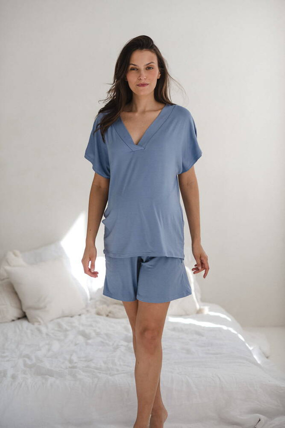 Moon bambusowa bluzka od piżamy ciążowej do karmienia krótki rękaw Milk&Love ciemny błękit