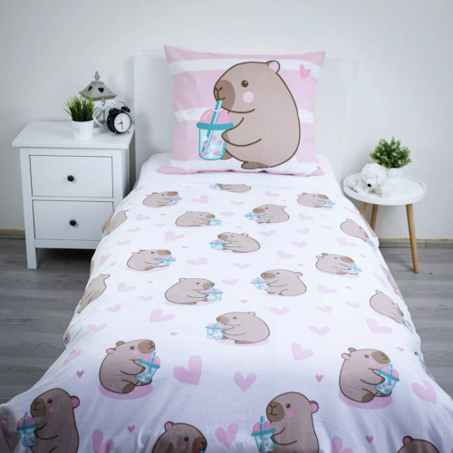 Pościel Bawełniana 140x200 Kapibara Różowa 70x90 Jerry Fabrics
