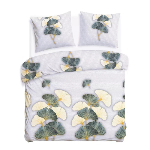 31510/1 Pościel flanelowa Flanelove Darymex szara zielona liście miłorzębu– komplet, 100% bawełna, ciepła i miękka