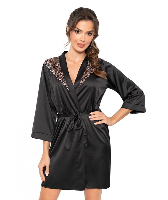 Szlafrok Sabrina Donna czarny– satynowy peniuar z koronką, wiązany w pasie