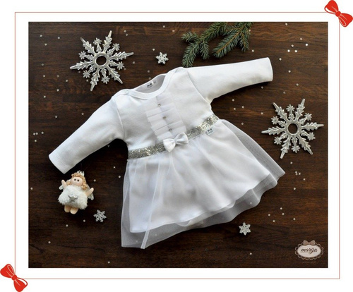 114B Little Star Sukienko-body długi rękaw Marija - biały/srebrny