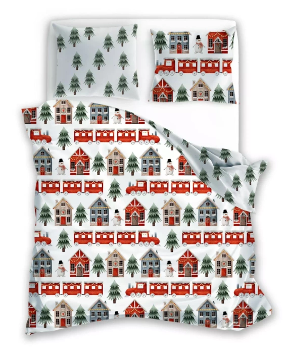 Scandic 075 Pościel świąteczna Scandic Faro biała z motywem świątecznych domków– dwustronna bawełna 100%, zamek