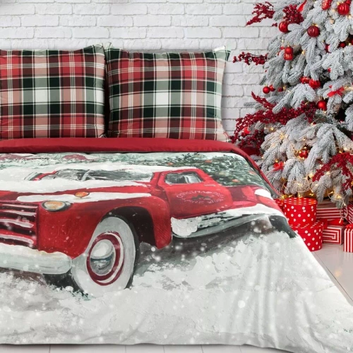 Vinti Pościel świąteczna Eurofirany – czerwona kratka z motywem samochodu, 100% bawełna