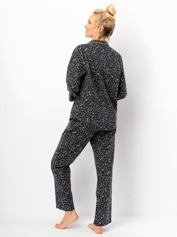 Piżama damska Key LNS 706 granatowy– bawełna flanelowa, długi rękaw, guziki