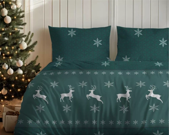 5621 B Magia Świąt Pościel flanelowa świąteczna Detexpol zielona w renifery i śnieżynki– bawełna 100%, 160 g/m², zamek, OEKO-TEX®
