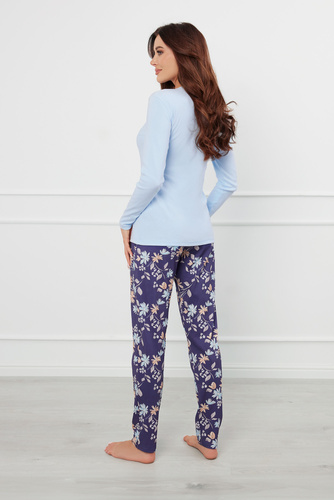 Pulia Piżama Damska długi rękaw, długie spodnie Italian Fashion - niebieski/druk