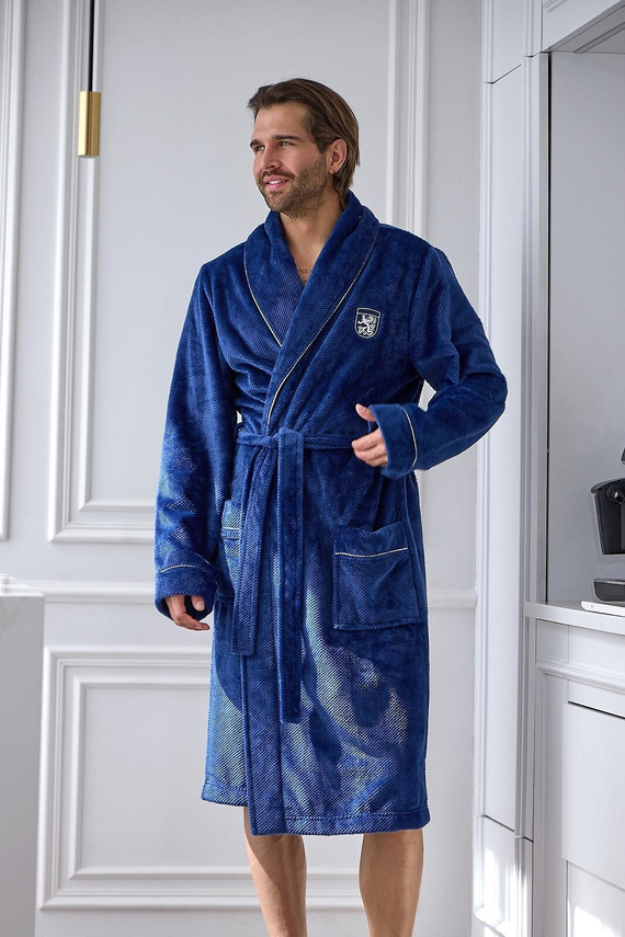 L&L 2661 Elegant Szlafrok Męski Klasyczny Szalowy Kołnierz Miękki navy